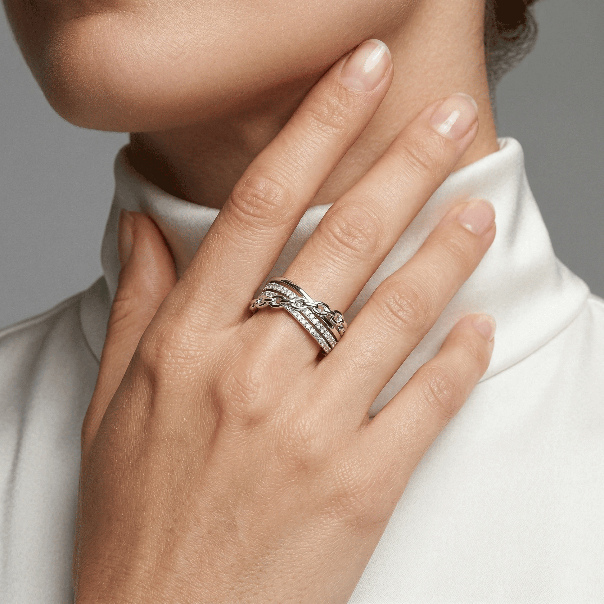 Pavé Chain Link Crossover Band Ring from TimelessWhims, view 2