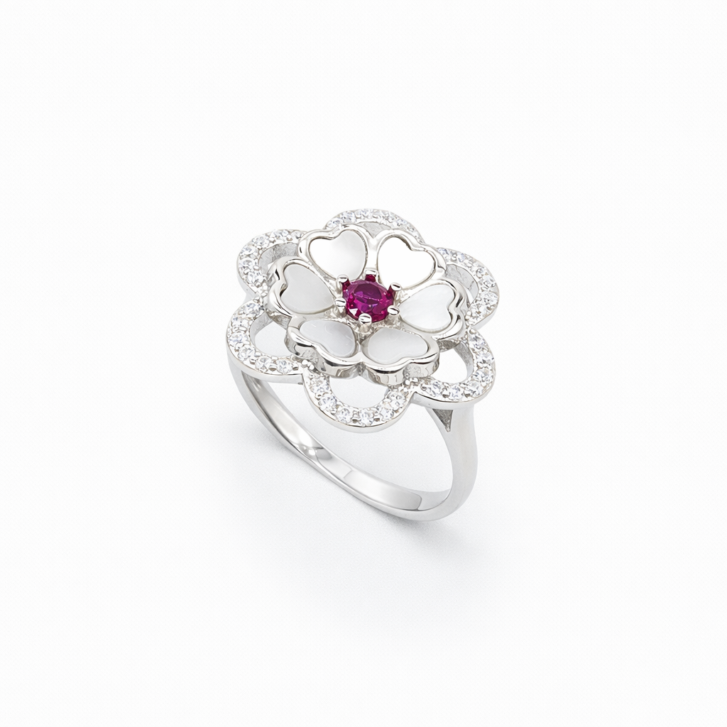 Mother of Pearl Ruby Centre Double Bloom Ring from TimelessWhims, view 1