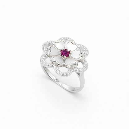 Mother of Pearl Ruby Centre Double Bloom Ring from TimelessWhims, view 1