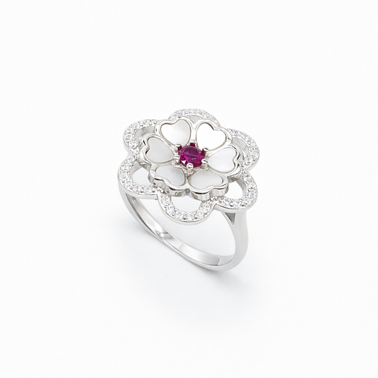 Mother of Pearl Ruby Centre Double Bloom Ring from TimelessWhims, view 1
