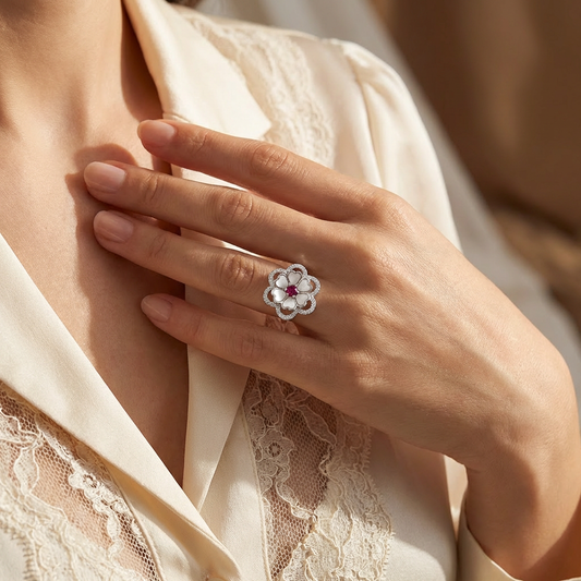 Mother of Pearl Ruby Centre Double Bloom Ring from TimelessWhims, view 2