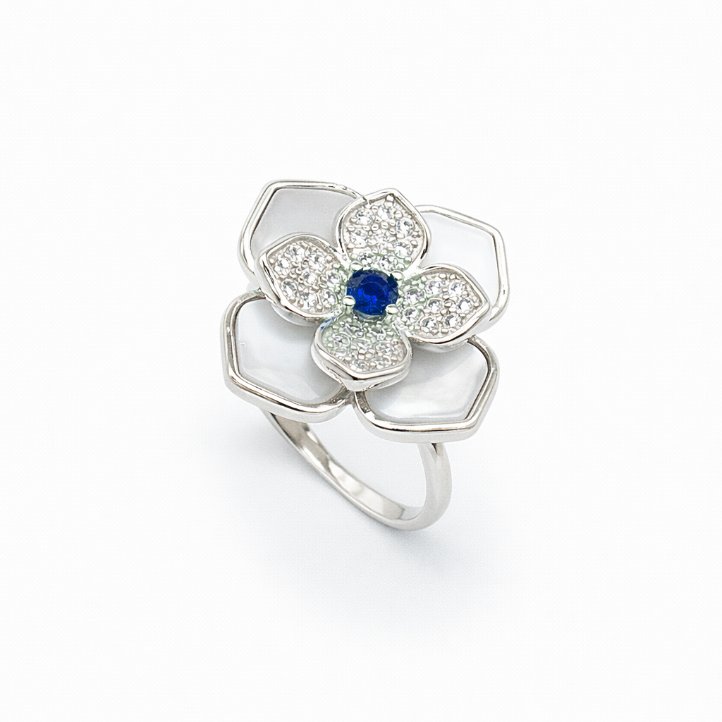 Mother of Pearl Magnolia Sapphire Centre Ring from TimelessWhims, view 1