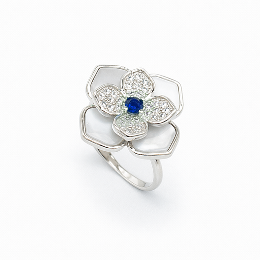 Mother of Pearl Magnolia Sapphire Centre Ring from TimelessWhims, view 1