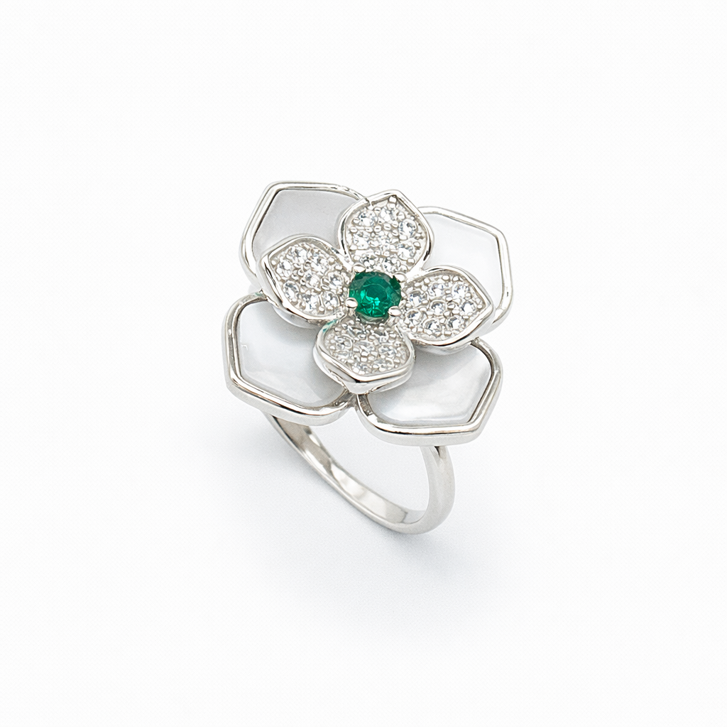 Mother of Pearl Magnolia Emerald Centre Ring from TimelessWhims, view 1