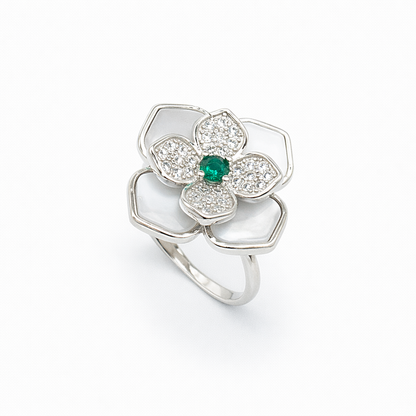 Mother of Pearl Magnolia Emerald Centre Ring from TimelessWhims, view 1