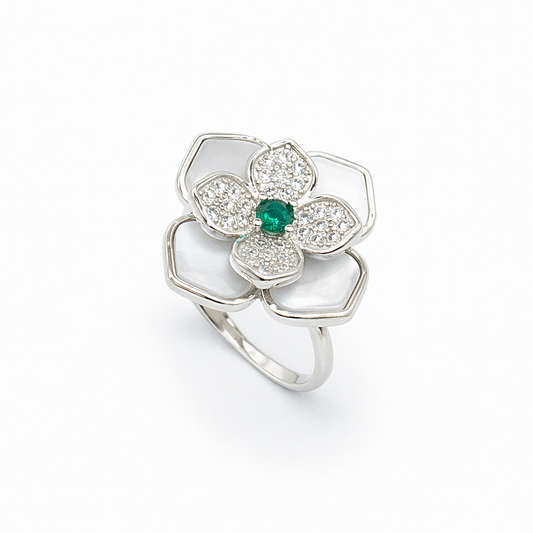 Mother of Pearl Magnolia Emerald Centre Ring from TimelessWhims, view 1