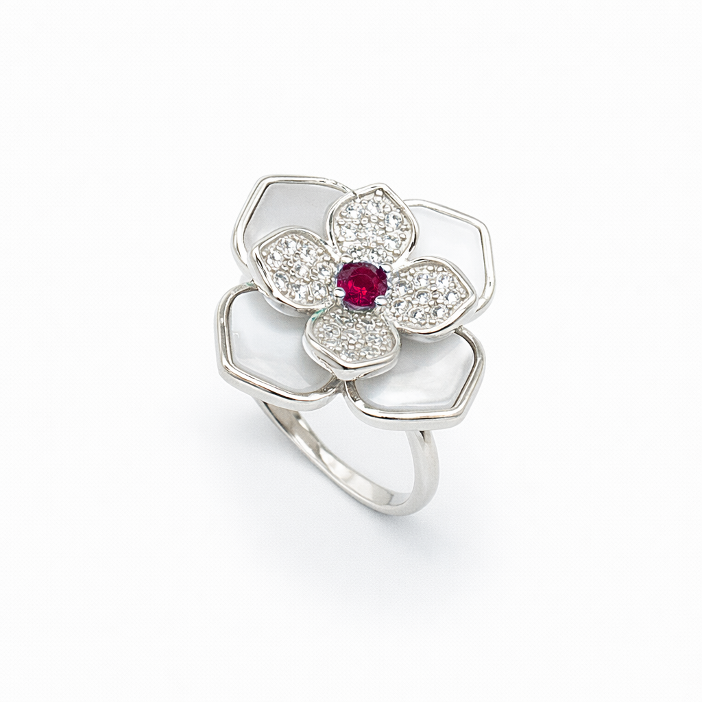 Mother of Pearl Magnolia Ruby Centre Ring from TimelessWhims, view 1