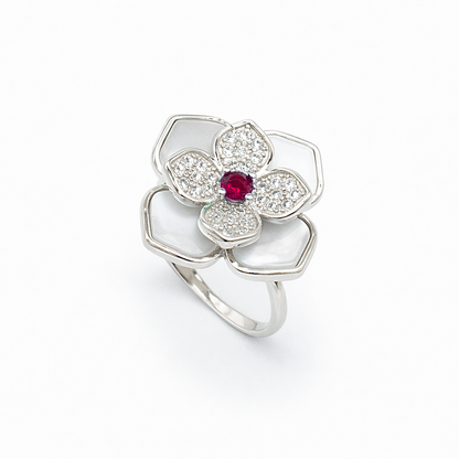 Mother of Pearl Magnolia Ruby Centre Ring from TimelessWhims, view 1
