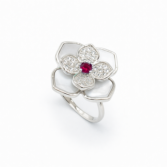 Mother of Pearl Magnolia Ruby Centre Ring from TimelessWhims, view 1