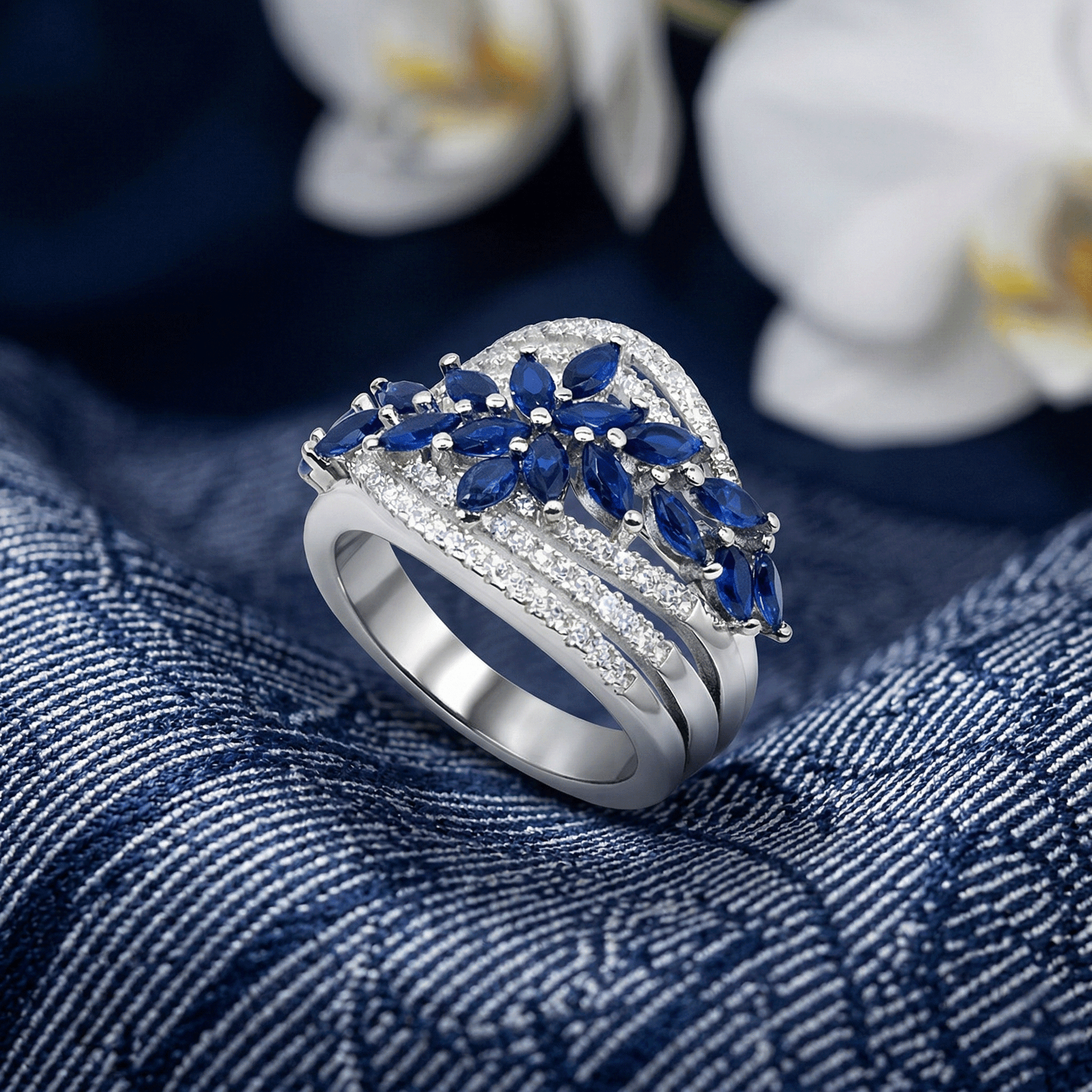 Sapphire Marquise Double Floral Multi-Rail Pavé Band Ring from TimelessWhims, view 3