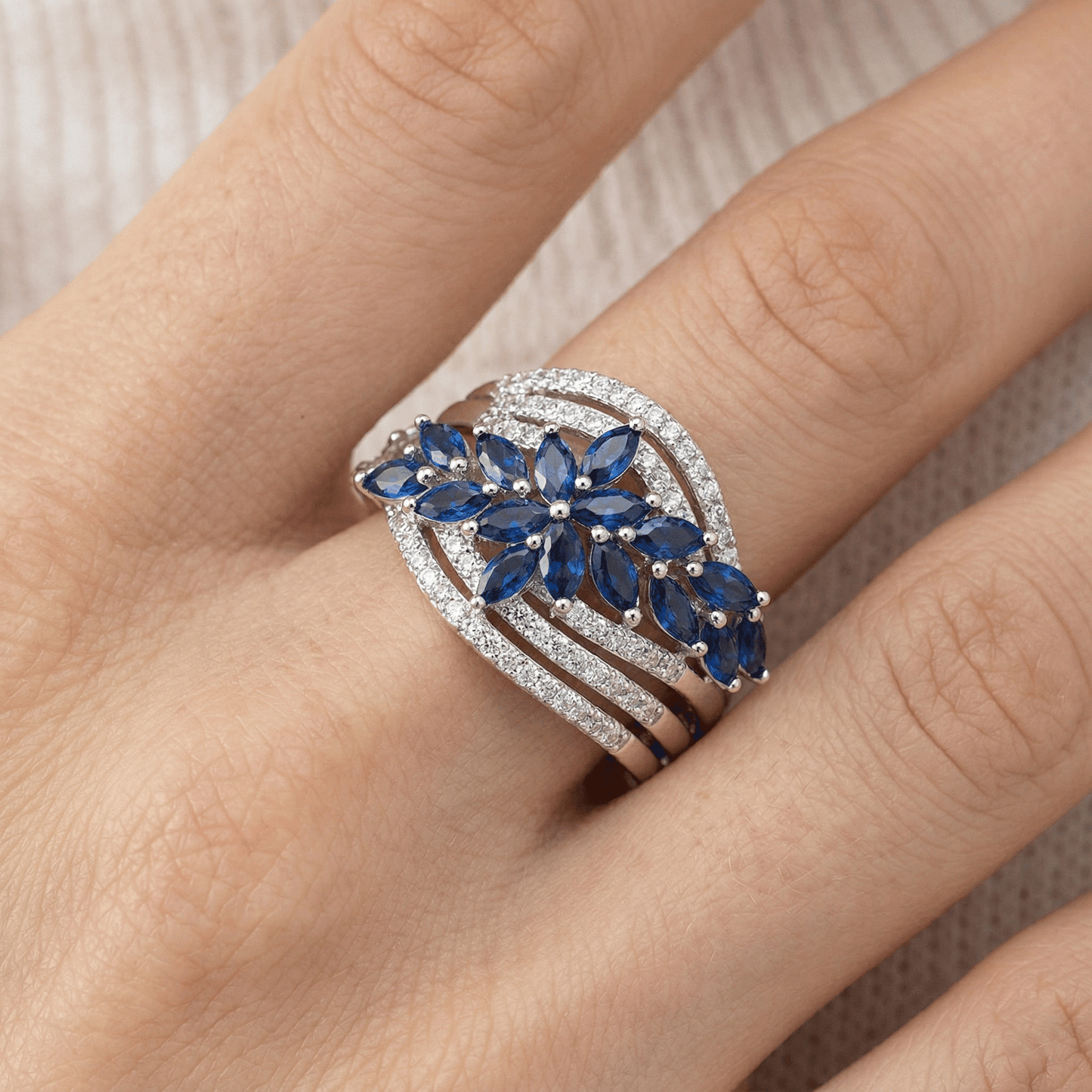 Sapphire Marquise Double Floral Multi-Rail Pavé Band Ring from TimelessWhims, view 4