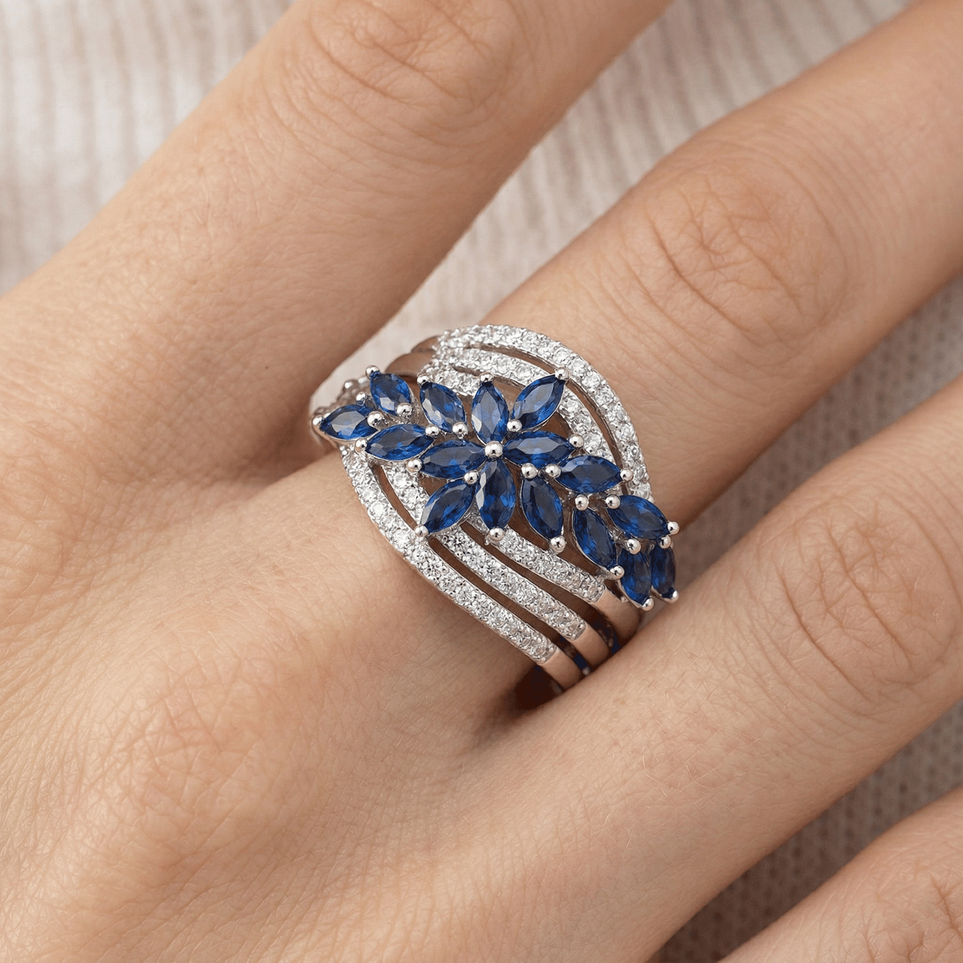 Sapphire Marquise Double Floral Multi-Rail Pavé Band Ring from TimelessWhims, view 4