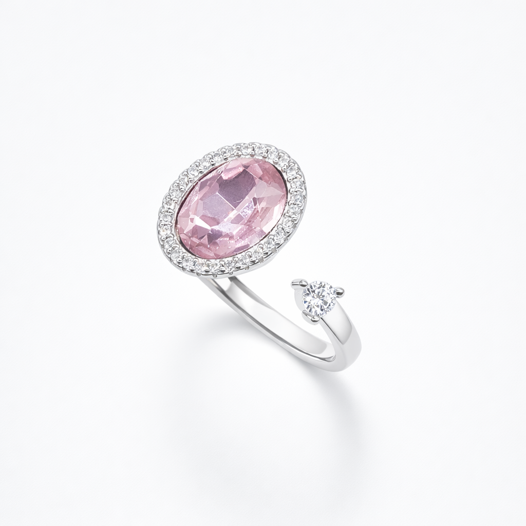 Oval Pink Crystal Halo Open Bypass Ring from TimelessWhims, view 1