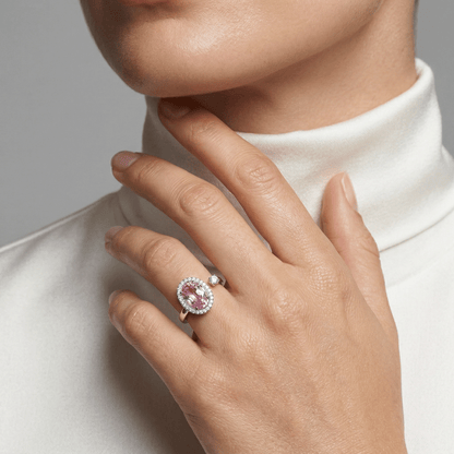 Oval Pink Crystal Halo Open Bypass Ring from TimelessWhims, view 2
