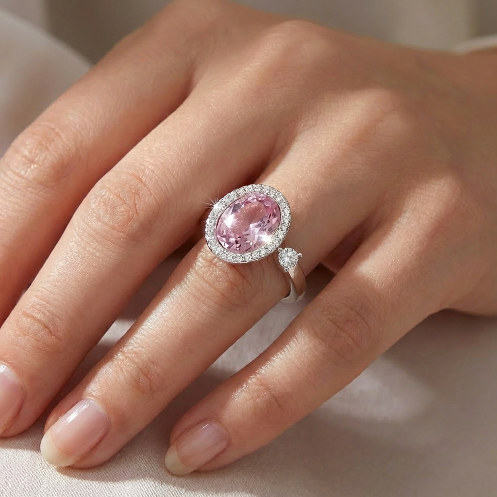 Oval Pink Crystal Halo Open Bypass Ring from TimelessWhims, view 3