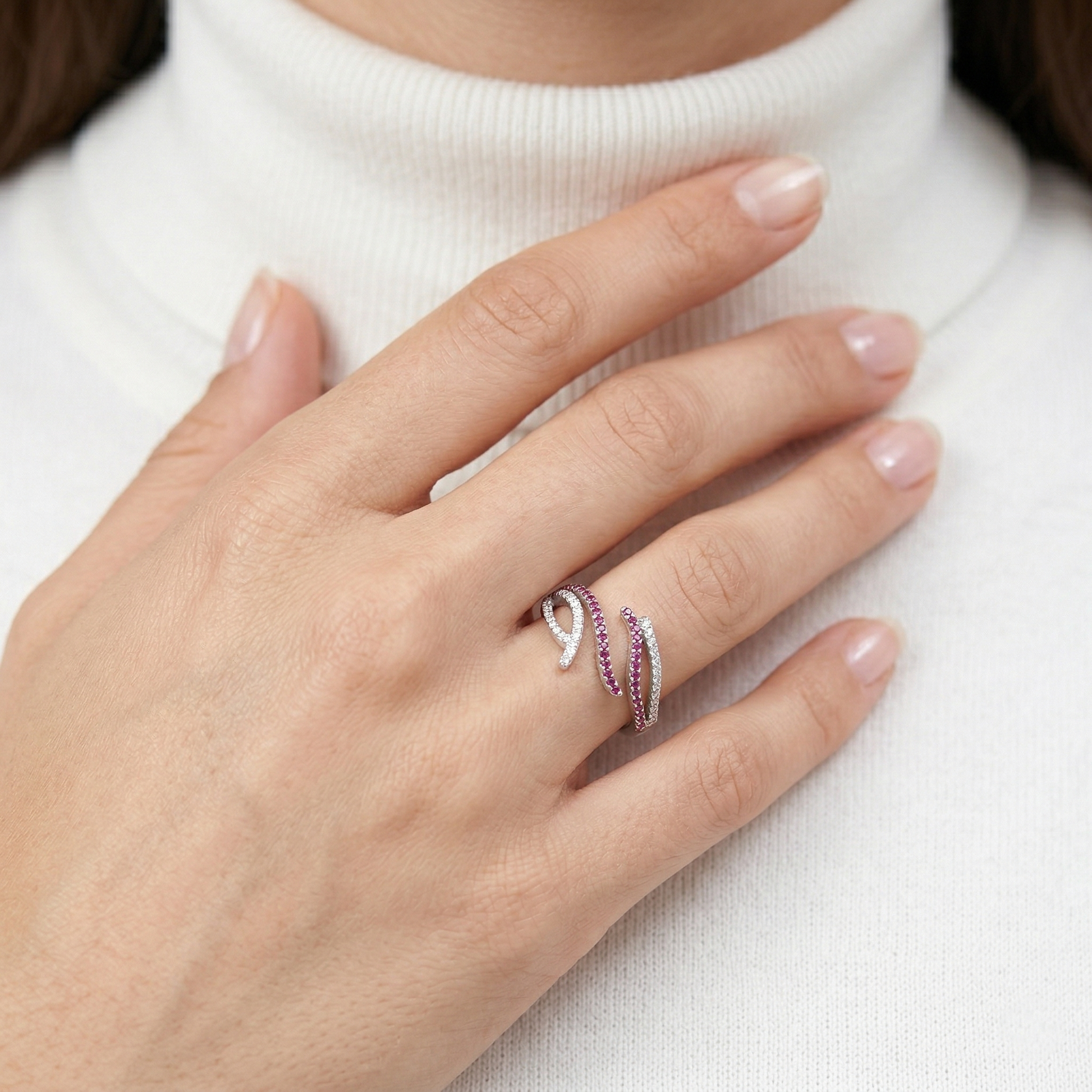 Ruby White Pavé Dual Wave Open-Work Band Ring from TimelessWhims, view 2