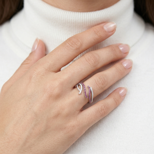 Ruby White Pavé Dual Wave Open-Work Band Ring from TimelessWhims, view 2