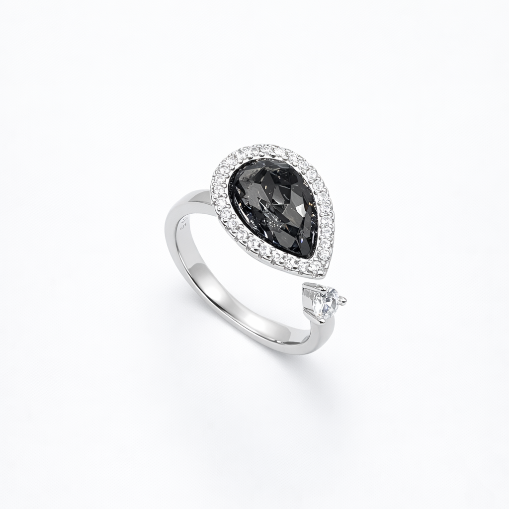Pear Black Crystal Pavé Halo Open Bypass Ring from TimelessWhims, view 1