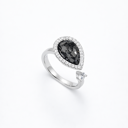 Pear Black Crystal Pavé Halo Open Bypass Ring from TimelessWhims, view 1
