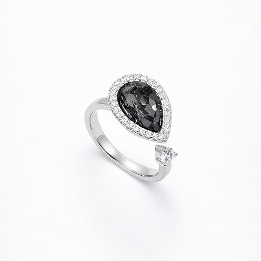 Pear Black Crystal Pavé Halo Open Bypass Ring from TimelessWhims, view 1
