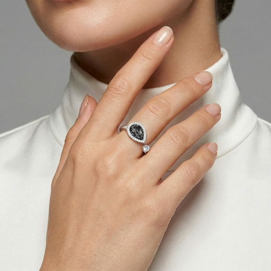 Pear Black Crystal Pavé Halo Open Bypass Ring from TimelessWhims, view 2