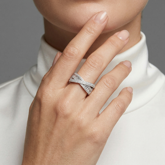 Baguette PavÃ© Triple Crossover Band Ring