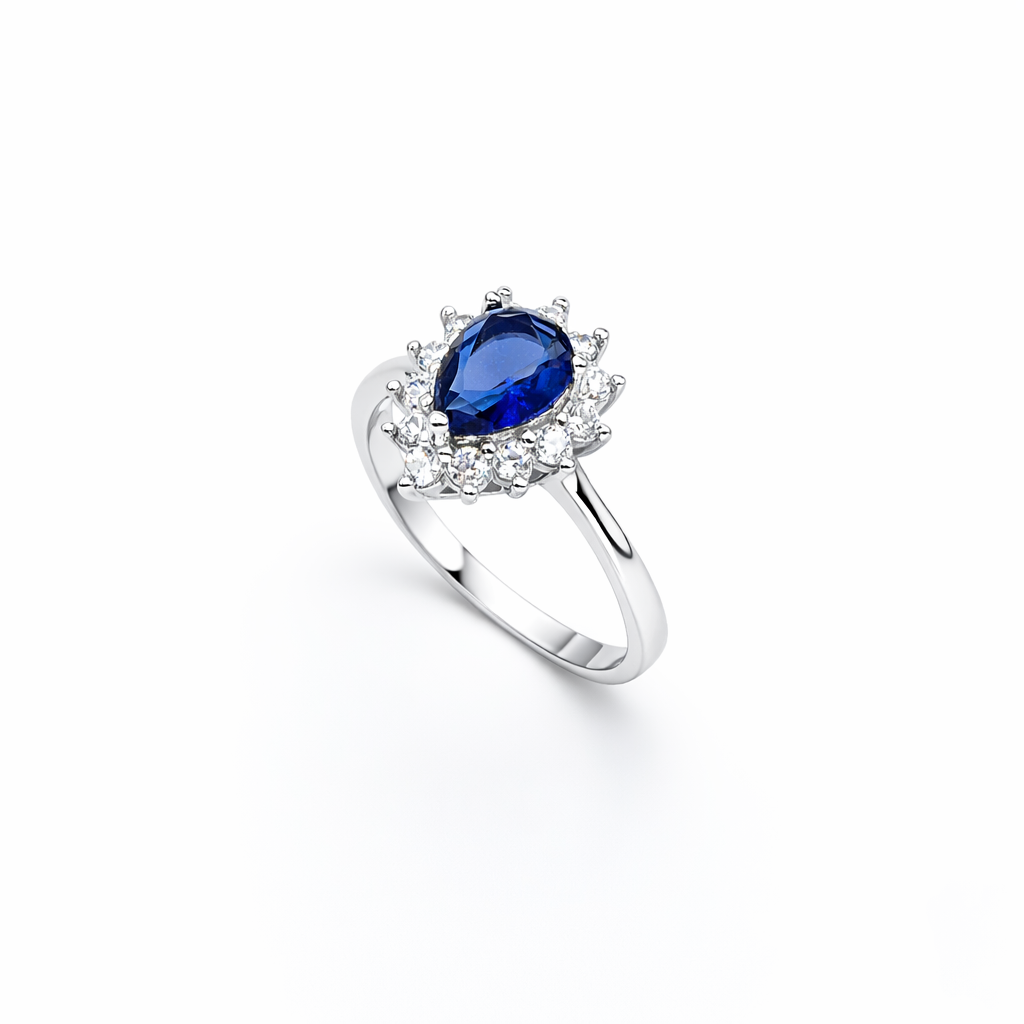 Pear Sapphire Sunburst Cluster Halo Ring from TimelessWhims, view 1