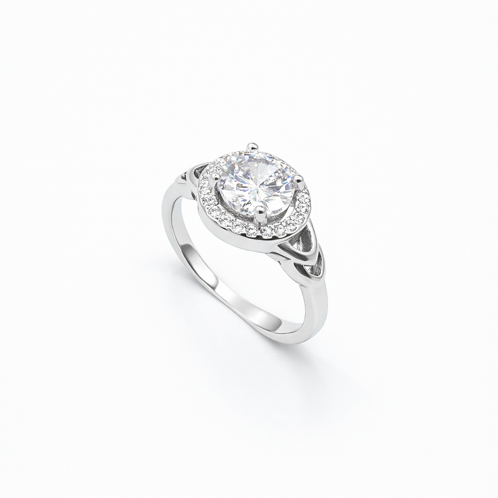 Round Solitaire Pavé Halo Celtic Knot Shoulder Ring from TimelessWhims, view 1