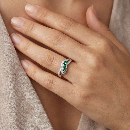 Emerald Five-Stone Pavé Twist Bypass Ring from TimelessWhims, view 2