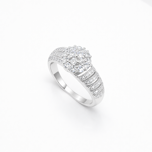 Round Cluster Halo Multi-Rail PavÃ© Band Ring