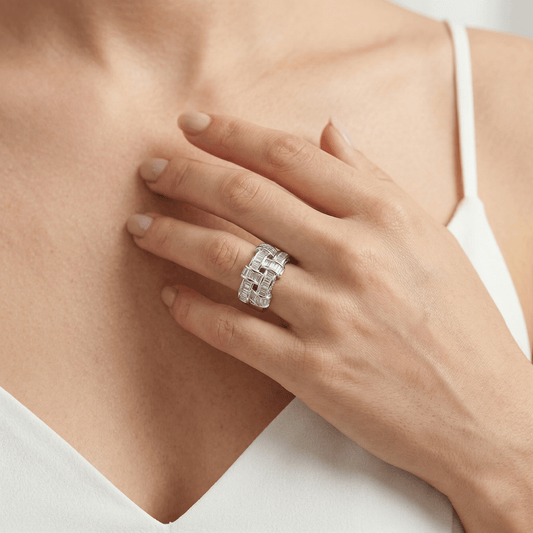 Baguette Basket-Weave Wide Band Ring