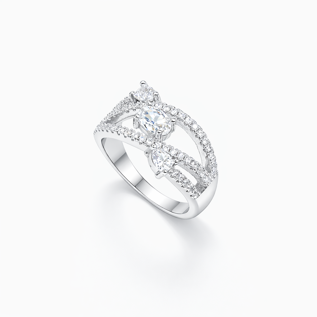 Oval Marquise Three-Stone Triple-Rail Bypass Ring from TimelessWhims, view 1