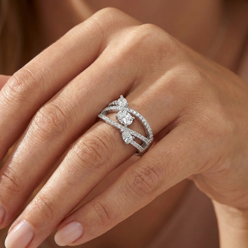 Oval Marquise Three-Stone Triple-Rail Bypass Ring from TimelessWhims, view 2