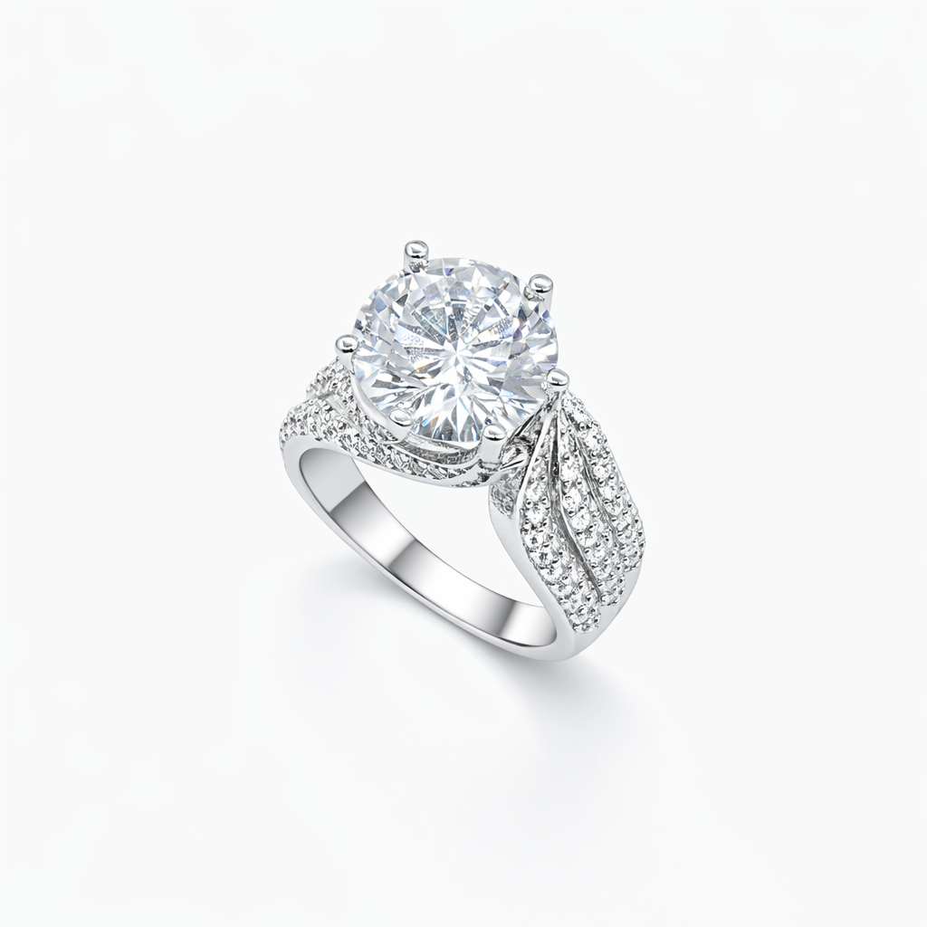 Oversized Round Solitaire Pavé Leaf Shoulder Ring from TimelessWhims, view 1