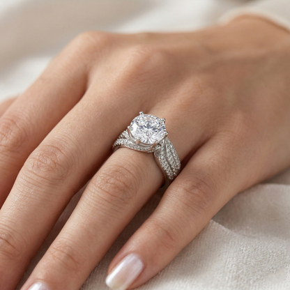 Oversized Round Solitaire Pavé Leaf Shoulder Ring from TimelessWhims, view 2