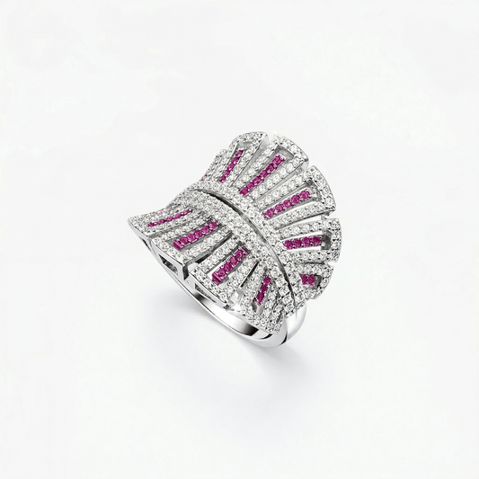 Ruby White PavÃ© Art Deco Fan Shield Cocktail Ring