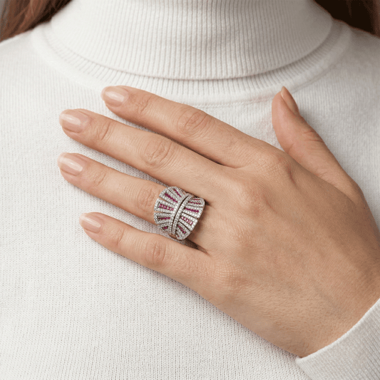Ruby White PavÃ© Art Deco Fan Shield Cocktail Ring