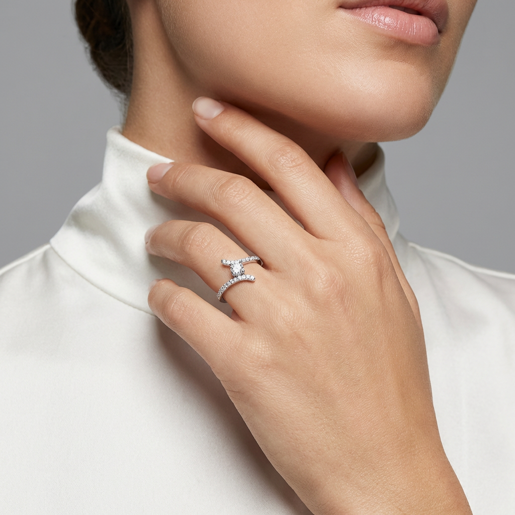 Round Solitaire Pavé Open Bypass Ring from TimelessWhims, view 2