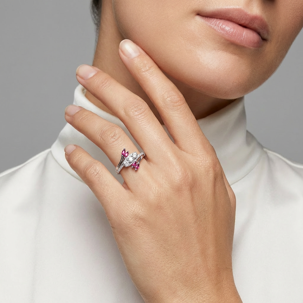 Ruby Marquise White Cluster Split-Shank Bypass Ring from TimelessWhims, view 2