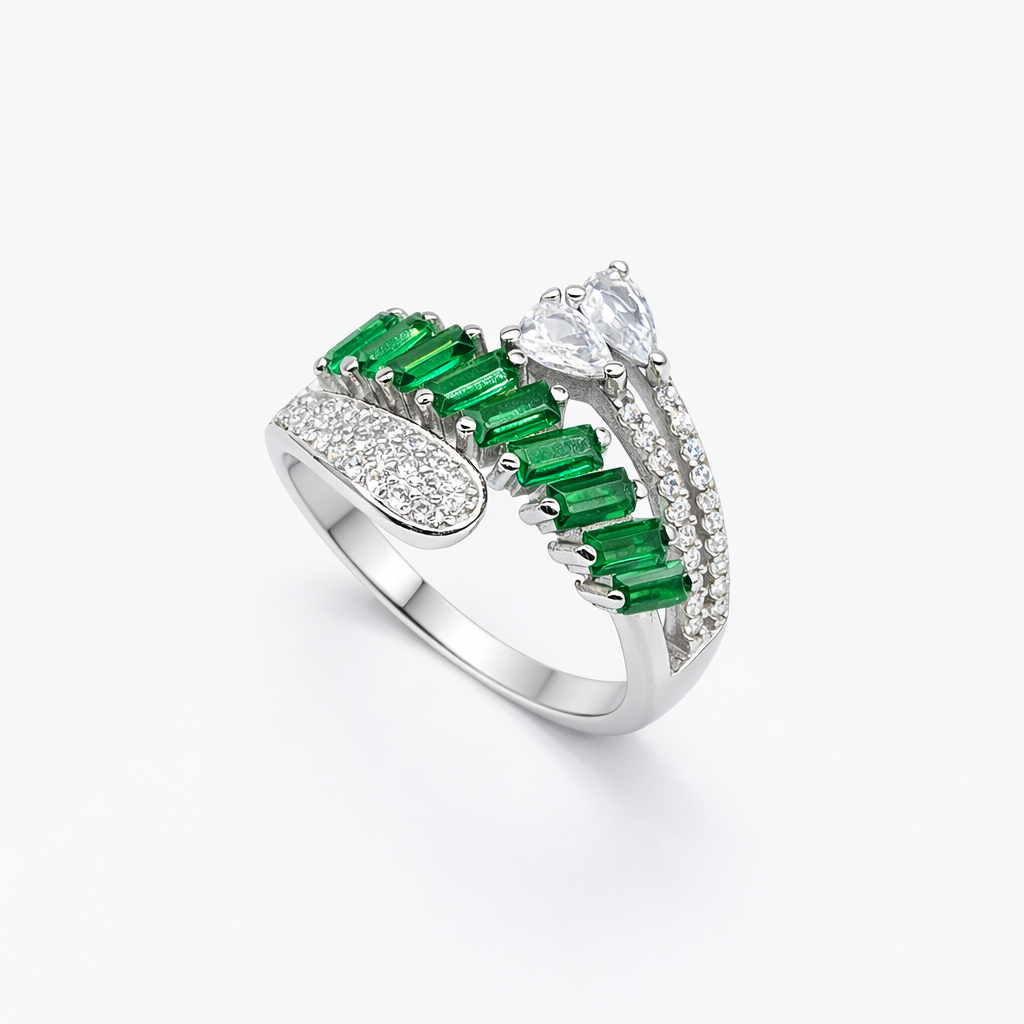Emerald Baguette Cascade Pear Solitaire Bypass Ring from TimelessWhims, view 1