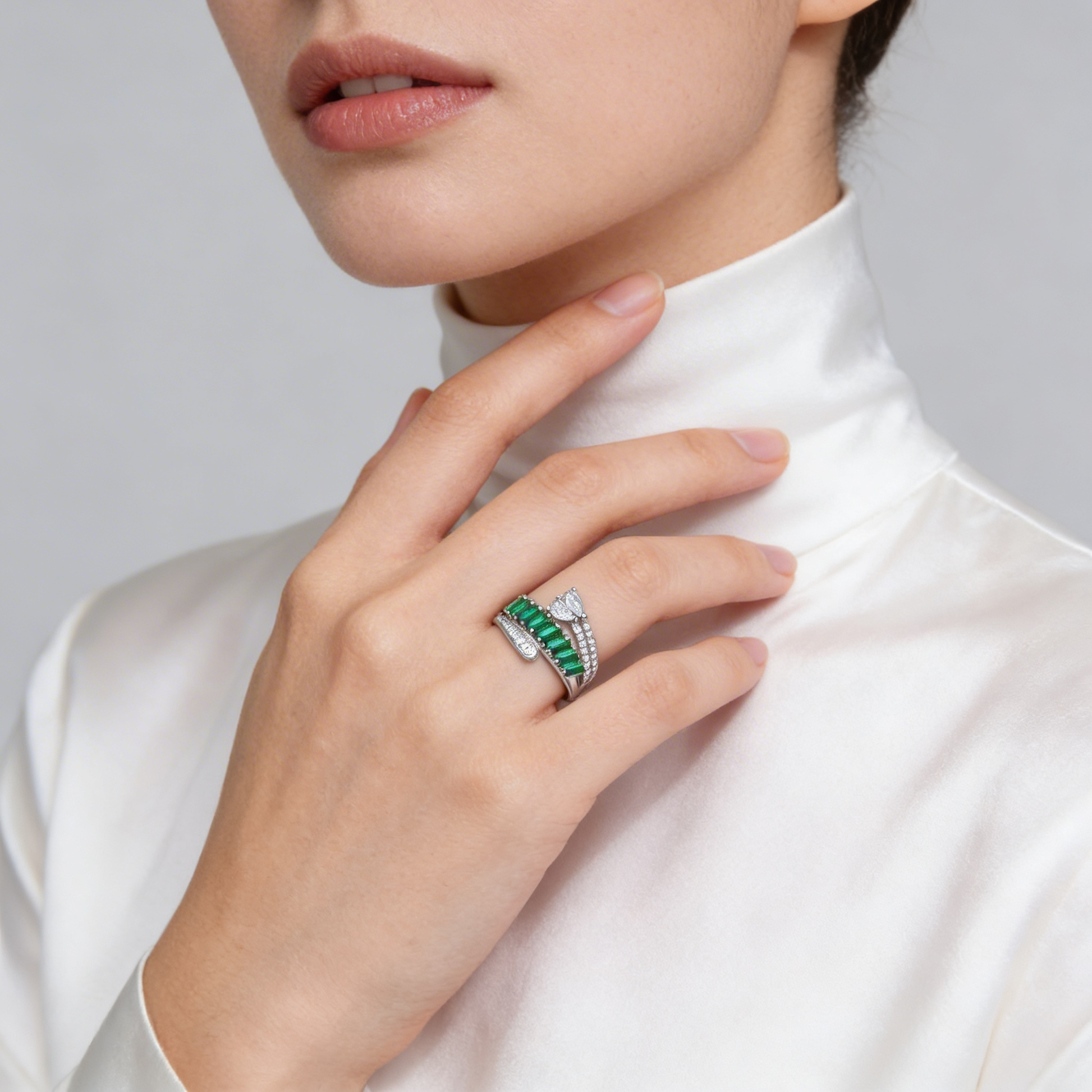 Emerald Baguette Cascade Pear Solitaire Bypass Ring from TimelessWhims, view 2