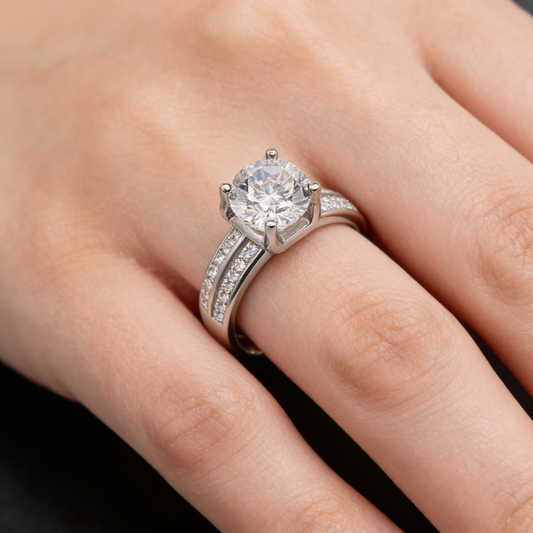 Oversized Round Solitaire Double Channel Shoulder Ring