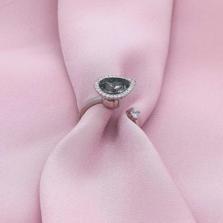 Pear Black Crystal Pavé Halo Open Bypass Ring from TimelessWhims, view 3
