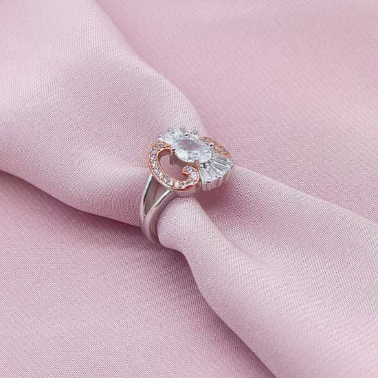 Oval Solitaire Baguette Fan Rose Gold Scroll Ring from TimelessWhims, view 3