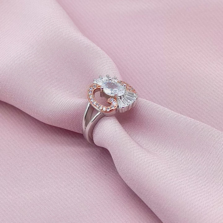 Oval Solitaire Baguette Fan Rose Gold Scroll Ring from TimelessWhims, view 3