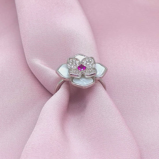 Mother of Pearl Magnolia Ruby Centre Ring from TimelessWhims, view 3