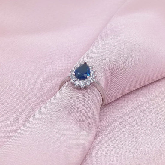 Pear Sapphire Sunburst Cluster Halo Ring from TimelessWhims, view 3