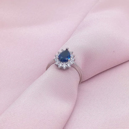Pear Sapphire Sunburst Cluster Halo Ring from TimelessWhims, view 3
