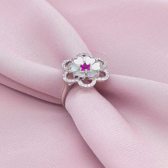 Mother of Pearl Ruby Centre Double Bloom Ring from TimelessWhims, view 3