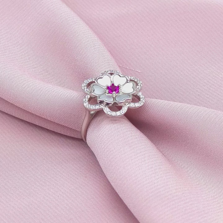 Mother of Pearl Ruby Centre Double Bloom Ring from TimelessWhims, view 3